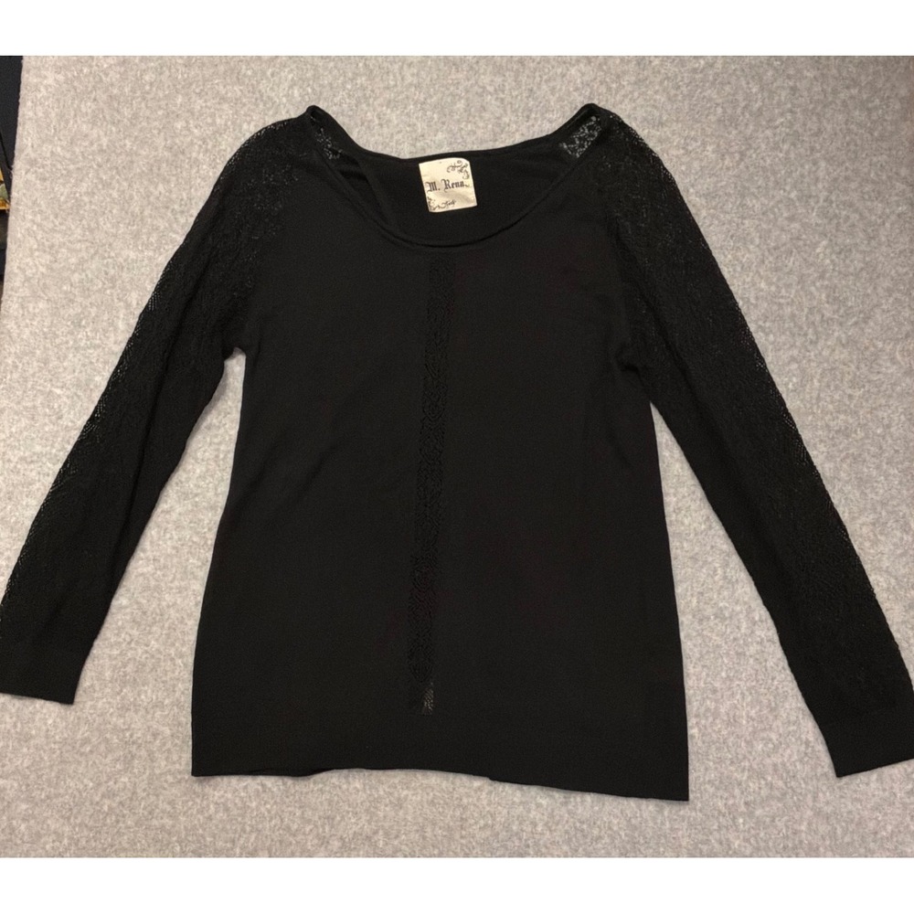 M. Rena Black Cotton Knit Top Crochet Lace Sleeves Split Back Large